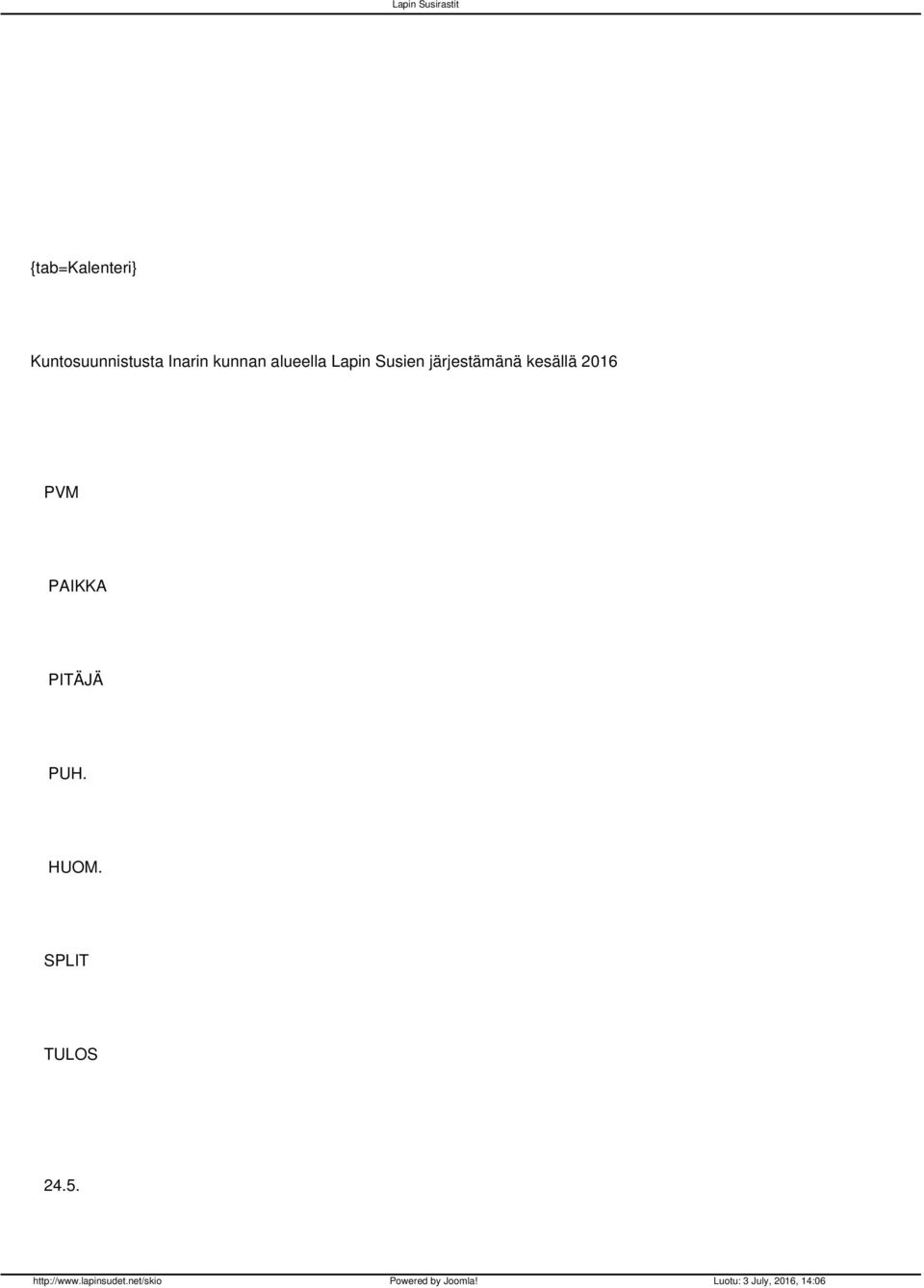 järjestämänä kesällä 2016 PVM PAIKKA