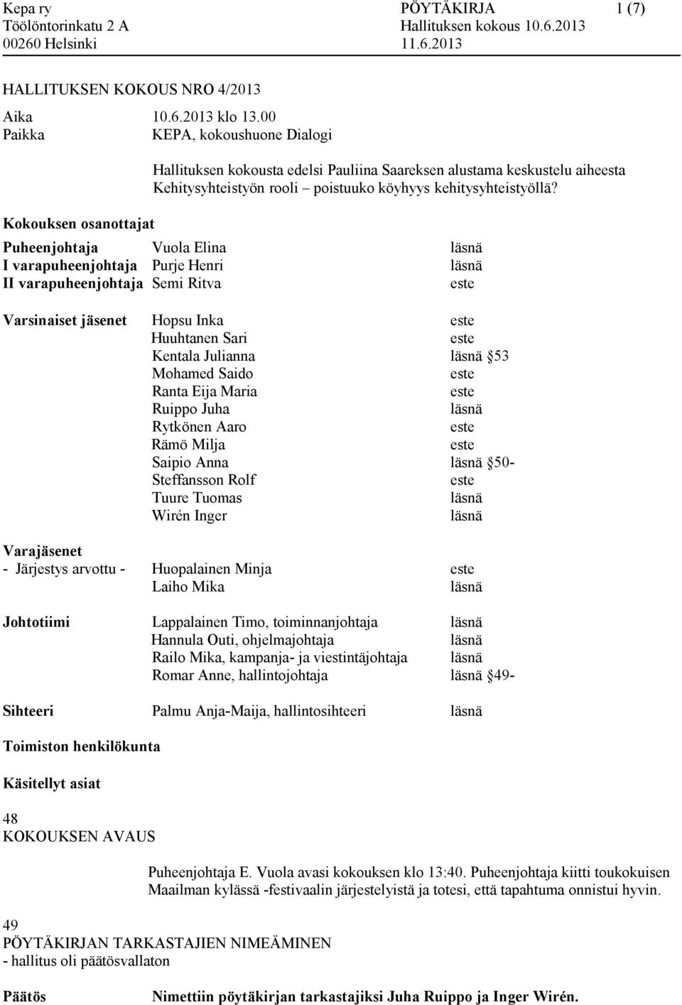 Puheenjohtaja Vuola Elina I varapuheenjohtaja Purje Henri II varapuheenjohtaja Semi Ritva Varsinaiset jäsenet Hopsu Inka Huuhtanen Sari Kentala Julianna 53 Mohamed Saido Ranta Eija Maria Ruippo Juha