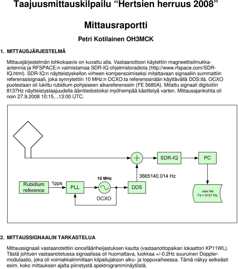 SDR-IQ:n näytteistyskellon virheen kompensoimiseksi mitattavaan signaaliin summattiin referenssisignaali, joka synnytettiin 10 MHz:n OCXO:ta referenssinään käyttävällä DDS:llä.