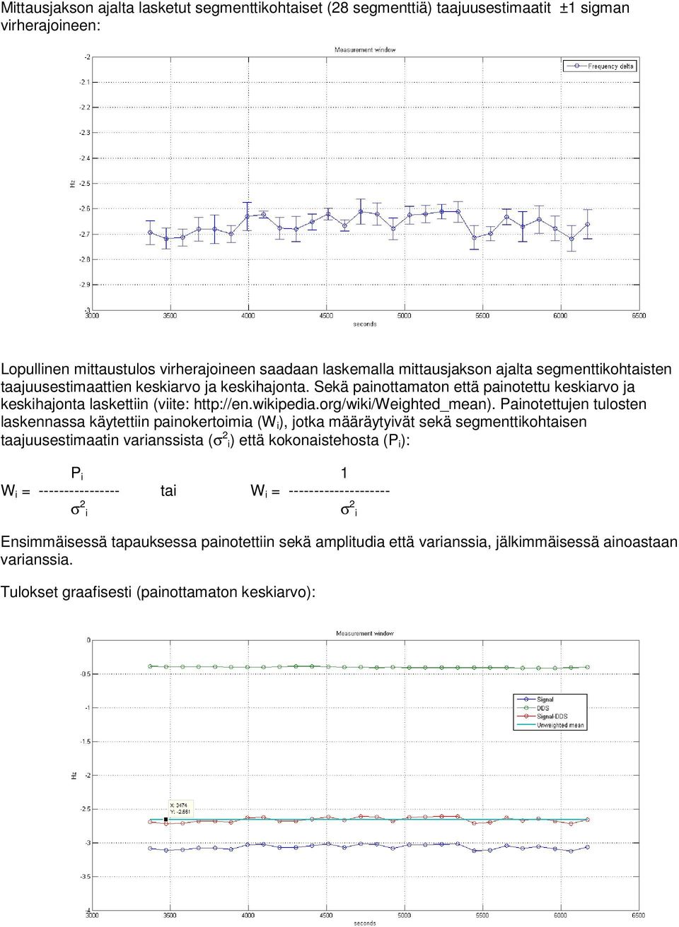 Painotettujen tulosten laskennassa käytettiin painokertoimia (W i ), jotka määräytyivät sekä segmenttikohtaisen taajuusestimaatin varianssista (σ 2 i) että kokonaistehosta (P i ): P i 1 W i =