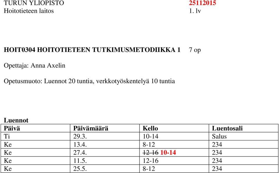 verkkotyöskentelyä 10 tuntia Luennot Ti 29.3. 10-14 