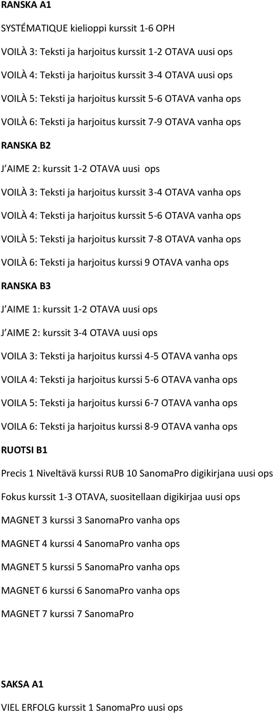 harjoitus kurssit 5-6 OTAVA vanha ops VOILÀ 5: Teksti ja harjoitus kurssit 7-8 OTAVA vanha ops VOILÀ 6: Teksti ja harjoitus kurssi 9 OTAVA vanha ops RANSKA B3 J AIME 1: kurssit 1-2 OTAVA uusi ops J