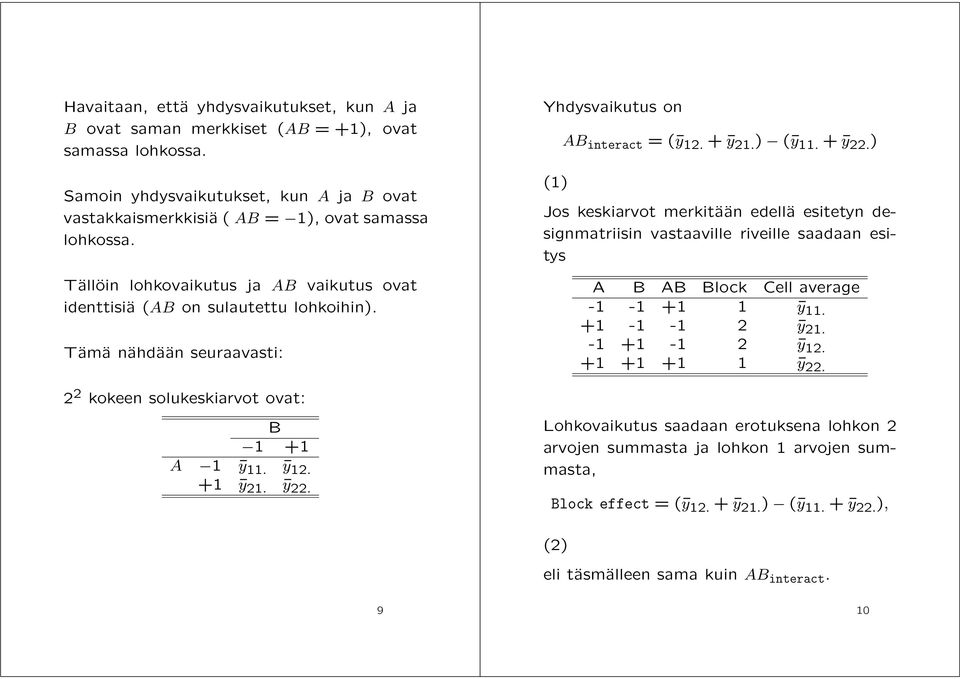 Yhdysvaikutus on (1) AB interact =( y 12. + y 21. ) ( y 11. + y 22.