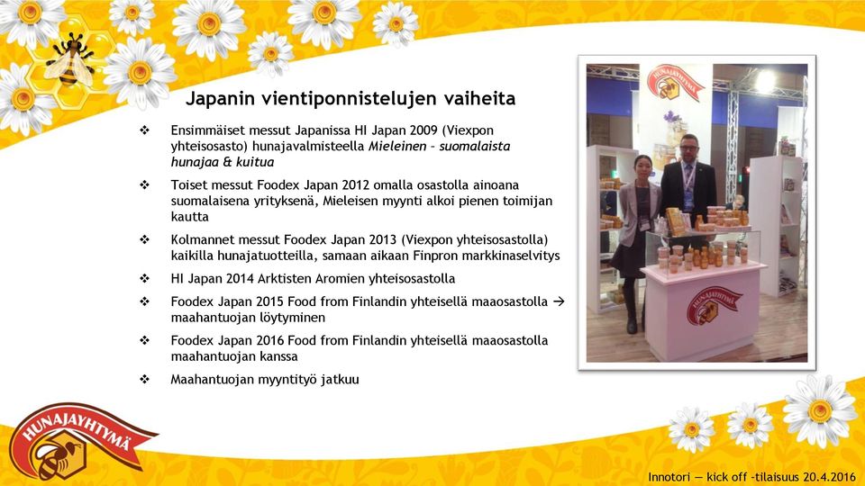 (Viexpon yhteisosastolla) kaikilla hunajatuotteilla, samaan aikaan Finpron markkinaselvitys HI Japan 2014 Arktisten Aromien yhteisosastolla Foodex Japan 2015 Food
