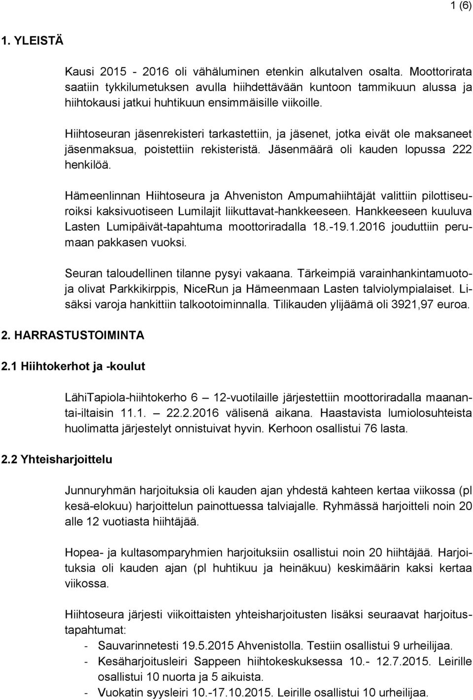 Hiihtoseuran jäsenrekisteri tarkastettiin, ja jäsenet, jotka eivät ole maksaneet jäsenmaksua, poistettiin rekisteristä. Jäsenmäärä oli kauden lopussa 222 henkilöä.