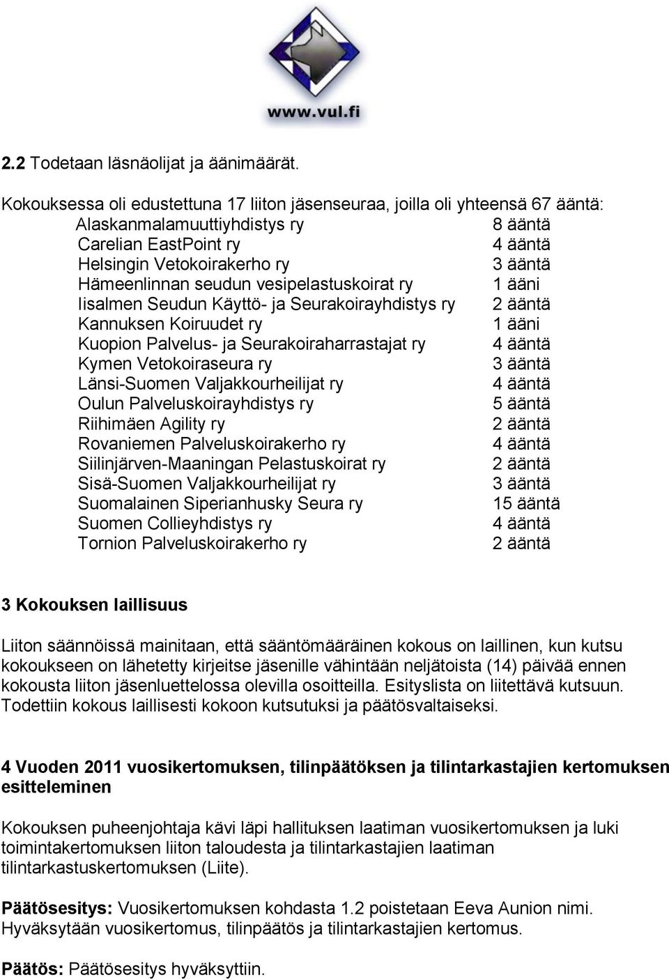 seudun vesipelastuskoirat ry 1 ääni Iisalmen Seudun Käyttö- ja Seurakoirayhdistys ry 2 ääntä Kannuksen Koiruudet ry 1 ääni Kuopion Palvelus- ja Seurakoiraharrastajat ry 4 ääntä Kymen Vetokoiraseura