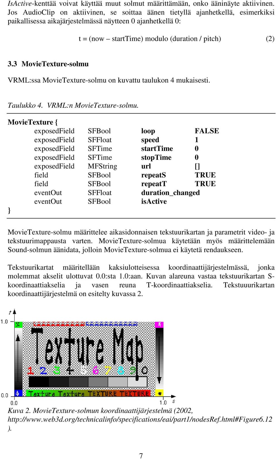 3 MovieTexture-solmu VRML:ssa MovieTexture-solmu on kuvattu taulukon 4 mukaisesti. Taulukko 4. VRML:n MovieTexture-solmu.