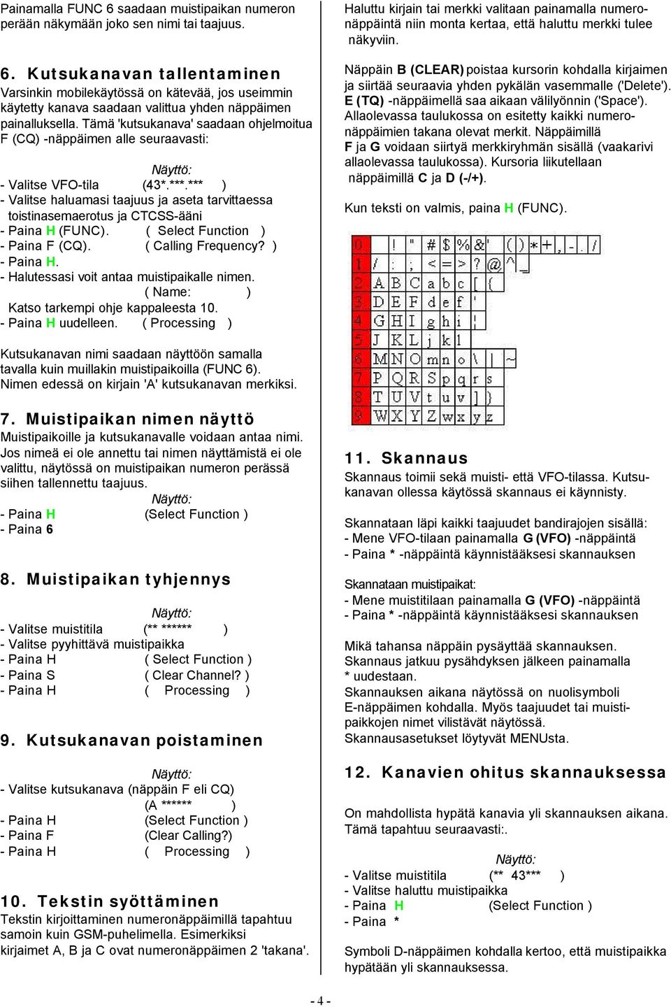 *** ) - Valitse haluamasi taajuus ja aseta tarvittaessa toistinasemaerotus ja CTCSS-ääni - Paina H (FUNC). ( Select Function ) - Paina F (CQ). ( Calling Frequency? ) - Paina H.