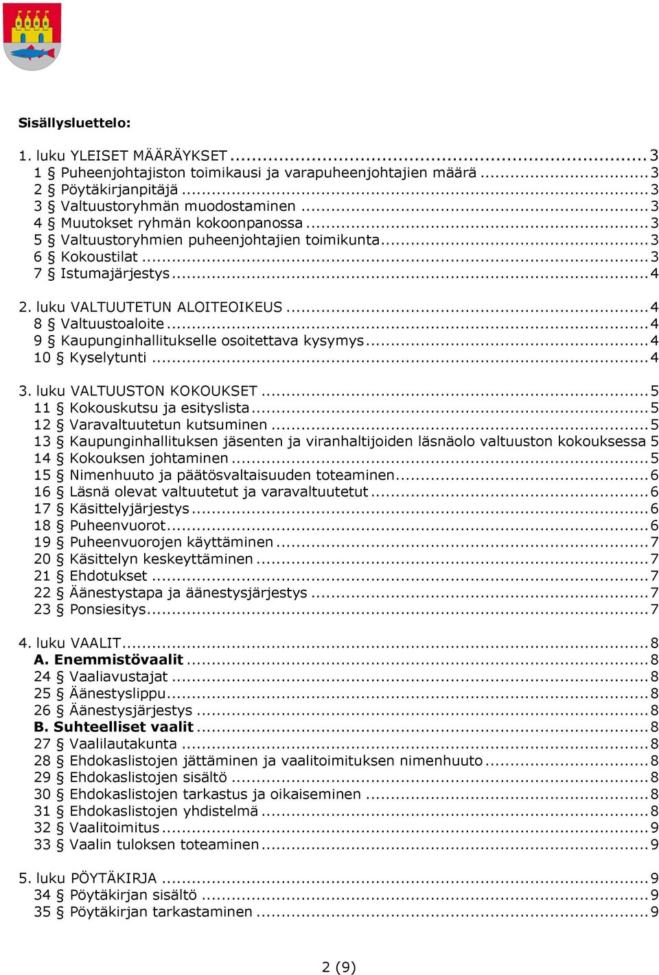 .. 4 9 Kaupunginhallitukselle osoitettava kysymys... 4 10 Kyselytunti... 4 3. luku VALTUUSTON KOKOUKSET... 5 11 Kokouskutsu ja esityslista... 5 12 Varavaltuutetun kutsuminen.