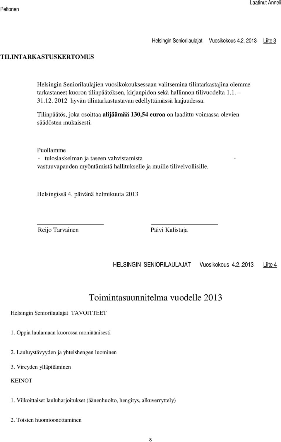 12. 2012 hyvän tilintarkastustavan edellyttämässä laajuudessa. Tilinpäätös, joka osoittaa alijäämää 130,54 euroa on laadittu voimassa olevien säädösten mukaisesti.