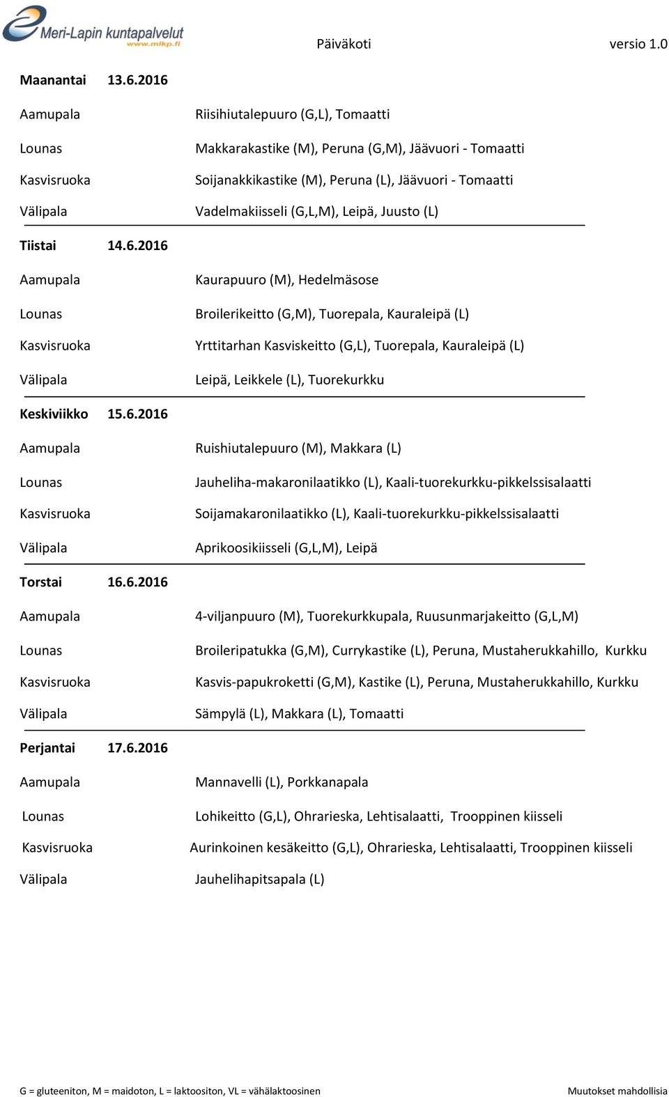 14.6.2016 Kaurapuuro (M), Hedelmäsose Broilerikeitto (G,M), Tuorepala, Kauraleipä (L) Yrttitarhan Kasviskeitto (G,L), Tuorepala, Kauraleipä (L) Leipä, Leikkele (L), Tuorekurkku Keskiviikko 15.6.2016
