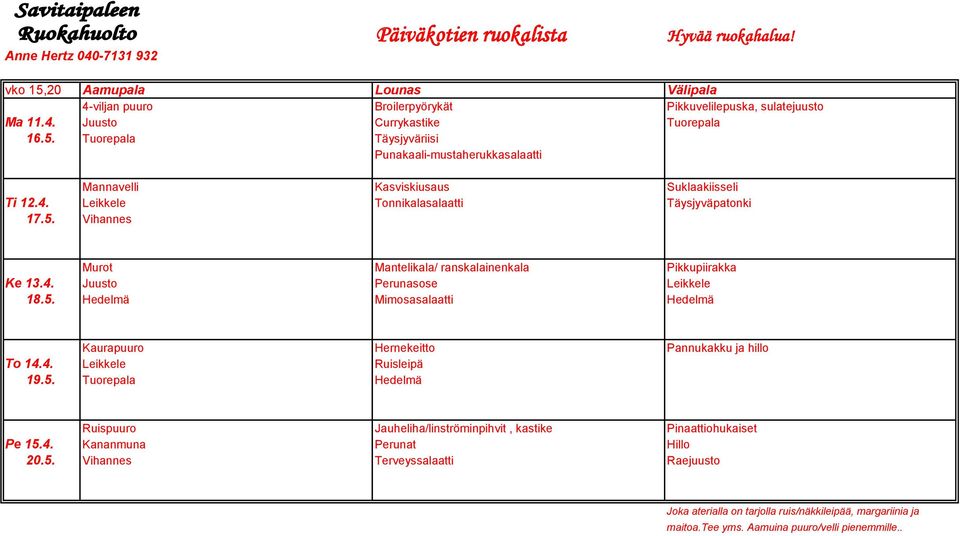 4. Leikkele Ruisleipä 19.5. Tuorepala Hedelmä Ruispuuro Jauheliha/linströminpihvit, kastike Pinaattiohukaiset Pe 15.4. Kananmuna Perunat Hillo 20.5. Vihannes Terveyssalaatti Raejuusto