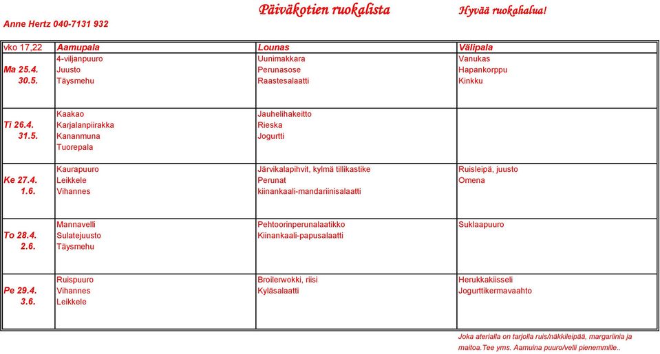 6. Vihannes kiinankaali-mandariinisalaatti Mannavelli Pehtoorinperunalaatikko Suklaapuuro To 28.4. Sulatejuusto Kiinankaali-papusalaatti 2.6. Täysmehu Ruispuuro Broilerwokki, riisi Herukkakiisseli Pe 29.