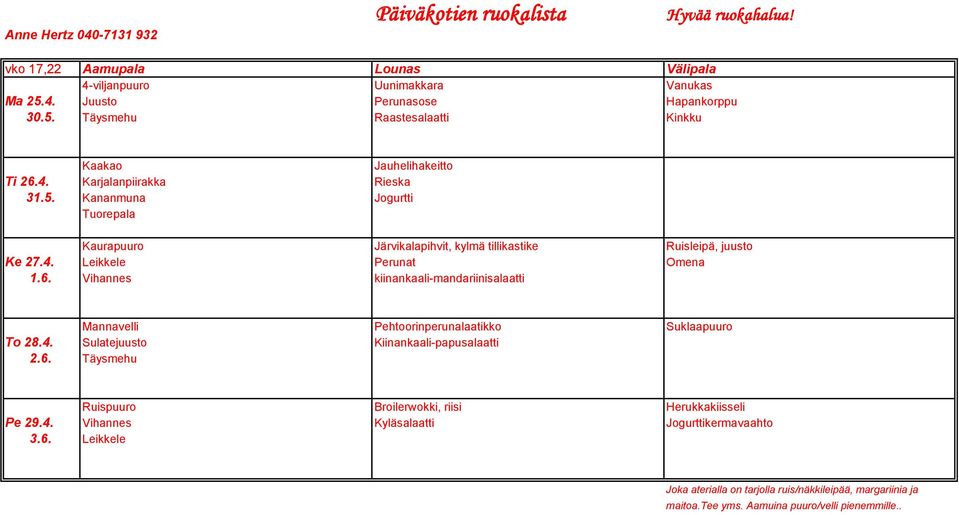 6. Vihannes kiinankaali-mandariinisalaatti Mannavelli Pehtoorinperunalaatikko Suklaapuuro To 28.4. Sulatejuusto Kiinankaali-papusalaatti 2.6. Täysmehu Ruispuuro Broilerwokki, riisi Herukkakiisseli Pe 29.