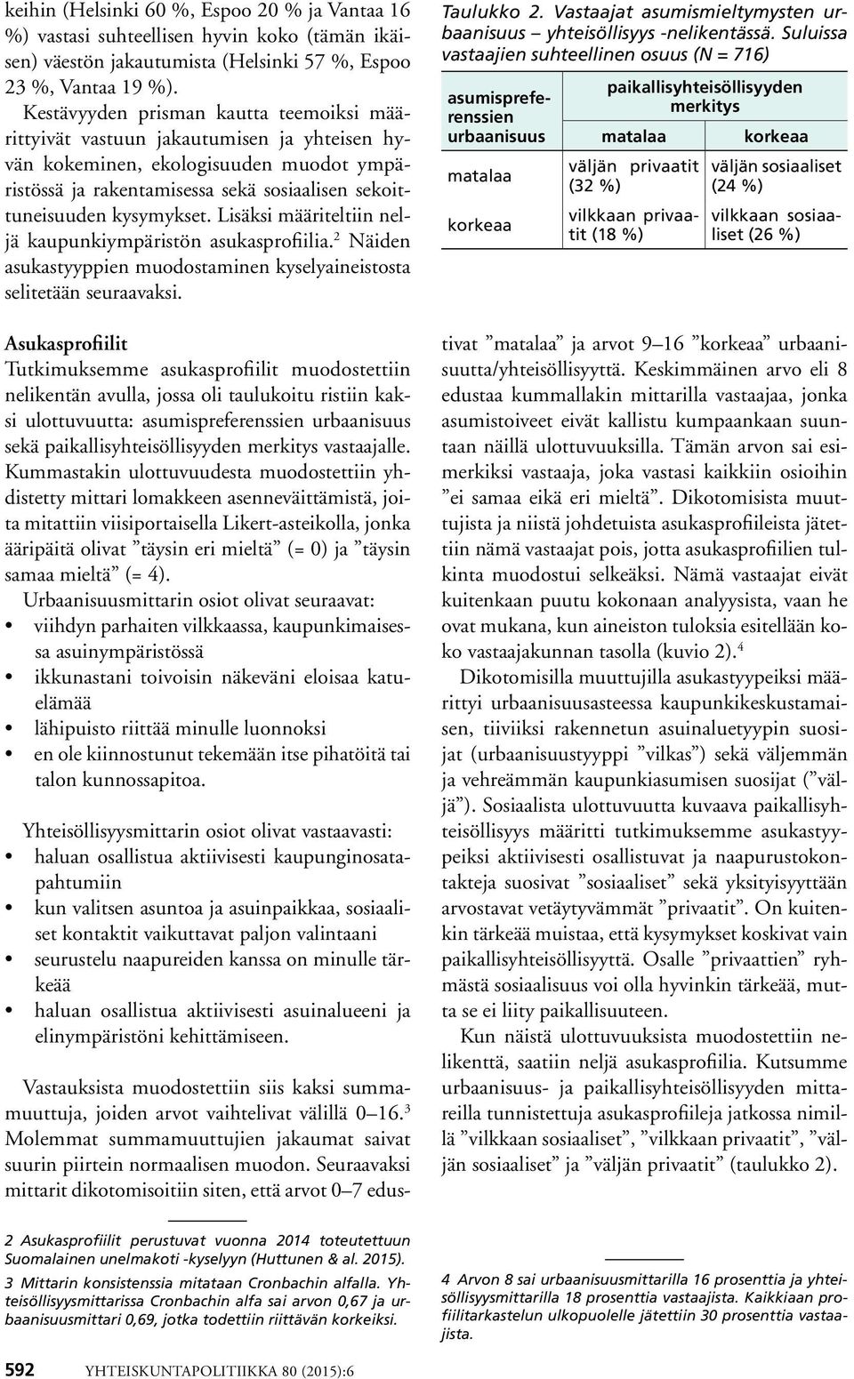Lisäksi määriteltiin neljä kaupunkiympäristön asukasprofiilia. 2 Näiden asukastyyppien muodostaminen kyselyaineistosta selitetään seuraavaksi.
