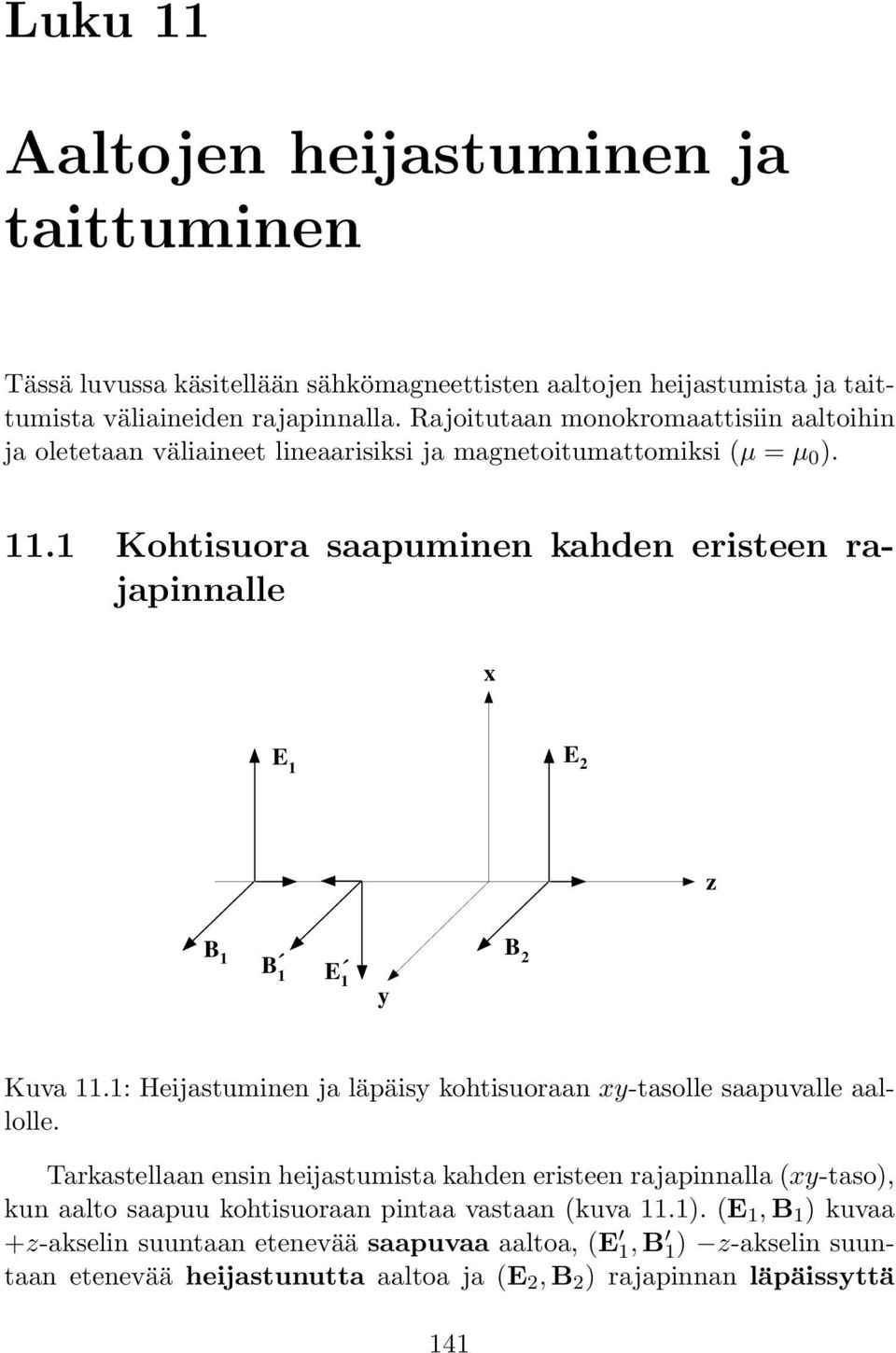 1 Kohtisuora saapuminen kahden eristeen rajapinnalle x E 1 E 2 z B 1 B 1 E 1 y B 2 Kuva 11.1: Heijastuminen ja läpäisy kohtisuoraan xy-tasolle saapuvalle aallolle.