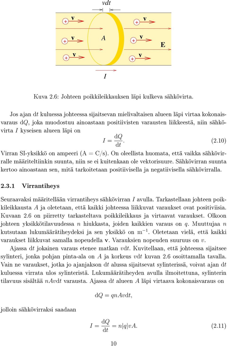 I = dq dt. (2.10) Virran SI-yksikkö on ampeeri (A = C/s). On oleellista huomata, että vaikka sähkövirralle määriteltiinkin suunta, niin se ei kuitenkaan ole vektorisuure.