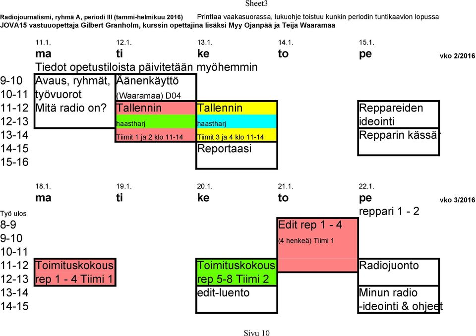 .1. 12.1. 13.1. 14.1. 15.1. ma ti ke to pe vko 2/2016 Tiedot opetustiloista päivitetään myöhemmin 9-10 Avaus, ryhmät, Äänenkäyttö 10-11 työvuorot (Waaramaa) D04 11-12 Mitä radio on?