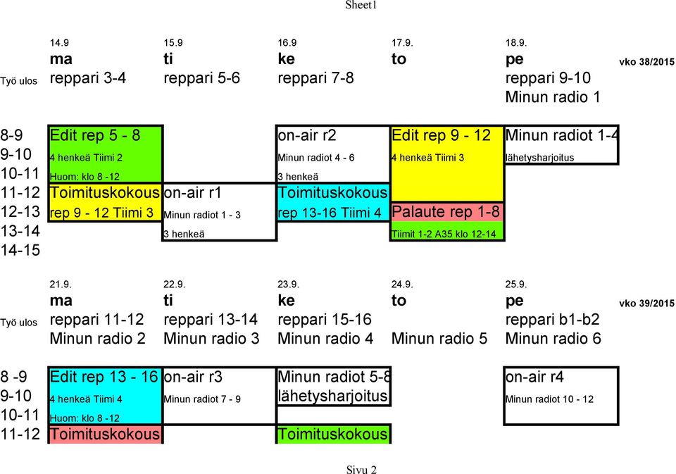 2 Minun radiot 4-6 4 henkeä Tiimi 3 lähetysharjoitus 10-11 Huom: klo 8-12 3 henkeä 11-12 Toimituskokous on-air r1 Toimituskokous 12-13 rep 9-12 Tiimi 3 Minun radiot 1-3 rep 13-16 Tiimi 4 Palaute rep