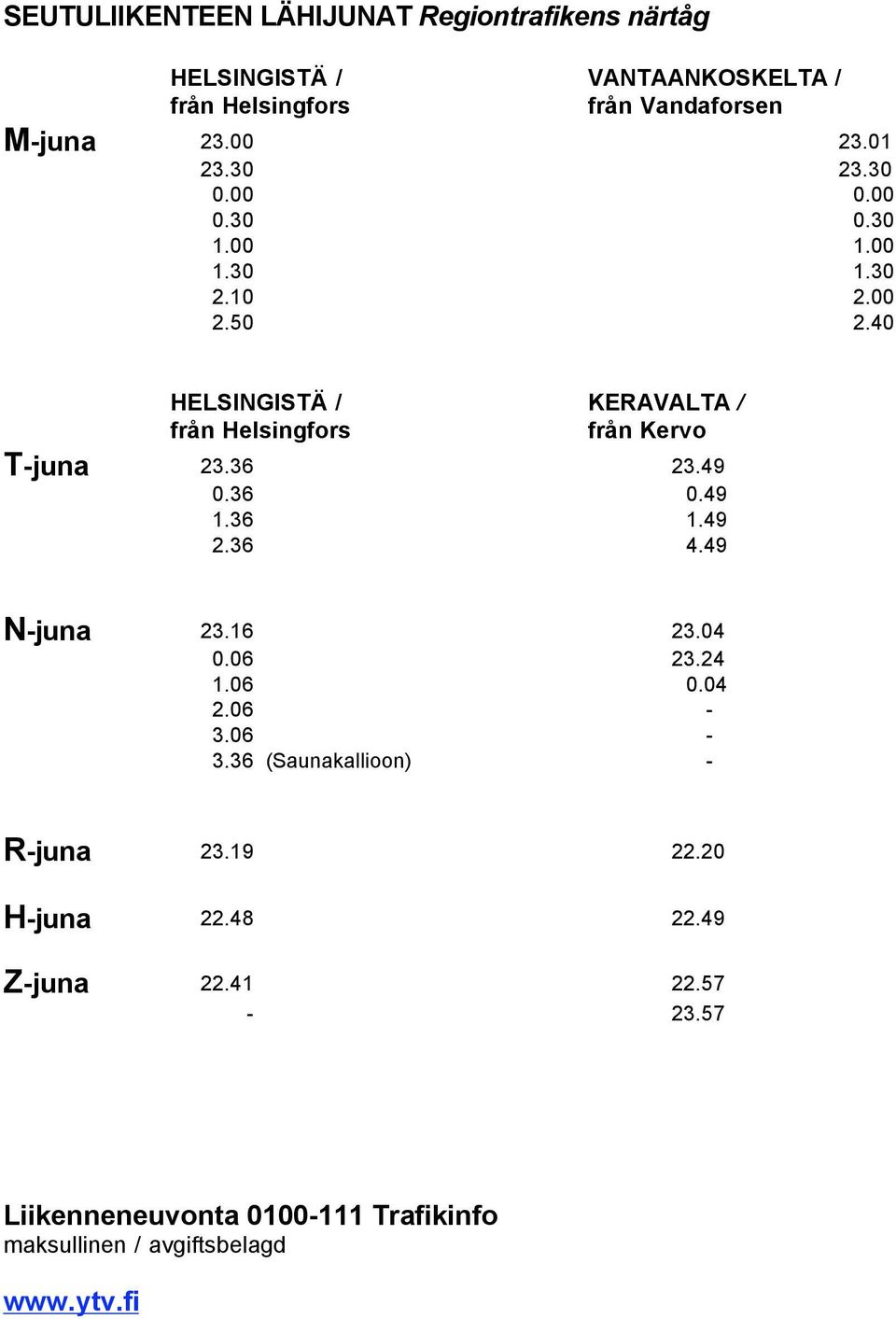 40 HELSINGISTÄ / KERAVALTA / från Helsingfors från Kervo T-juna 23.36 23.49 0.36 0.49 1.36 1.49 2.36 4.49 N-juna 23.16 23.04 0.