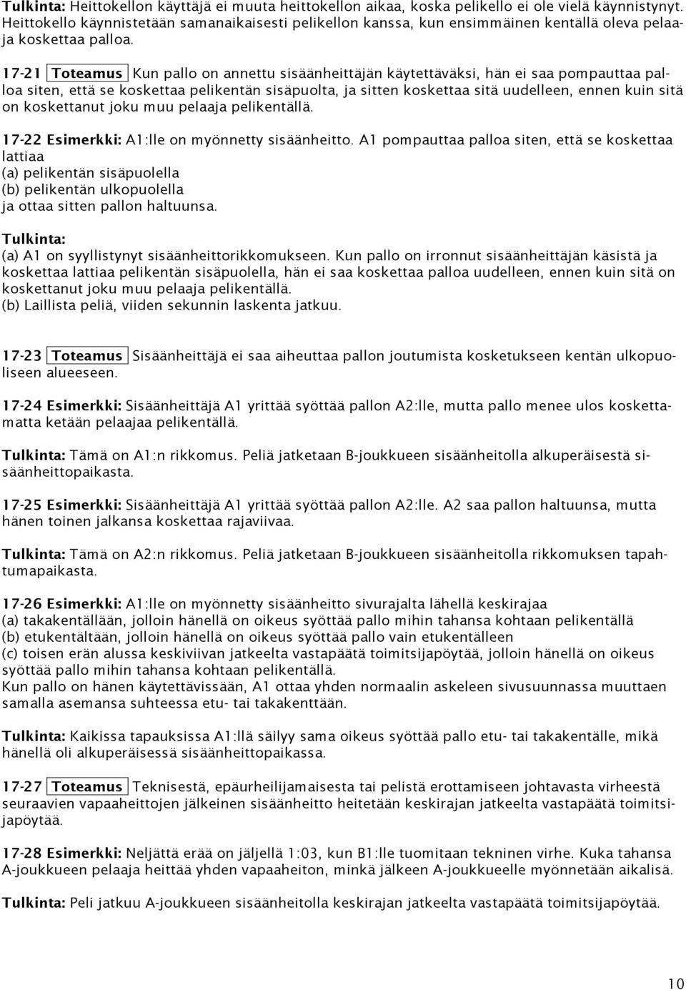 17-21 Toteamus Kun pallo on annettu sisäänheittäjän käytettäväksi, hän ei saa pompauttaa palloa siten, että se koskettaa pelikentän sisäpuolta, ja sitten koskettaa sitä uudelleen, ennen kuin sitä on