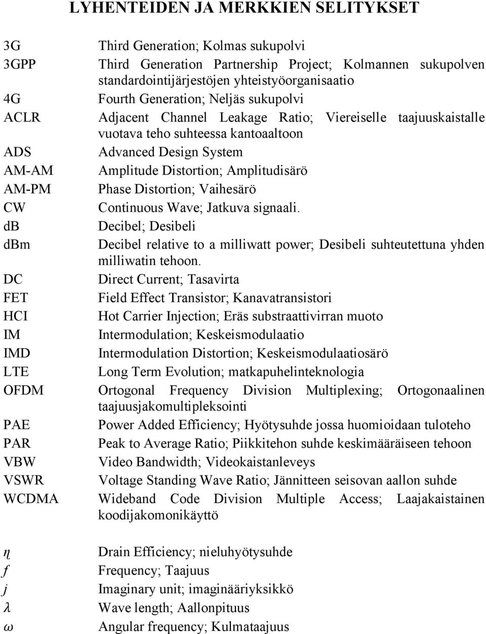 AM-PM Phase Distortion; Vaihesärö CW Continuous Wave; Jatkuva signaali. db Decibel; Desibeli dbm Decibel relative to a milliwatt power; Desibeli suhteutettuna yhden milliwatin tehoon.
