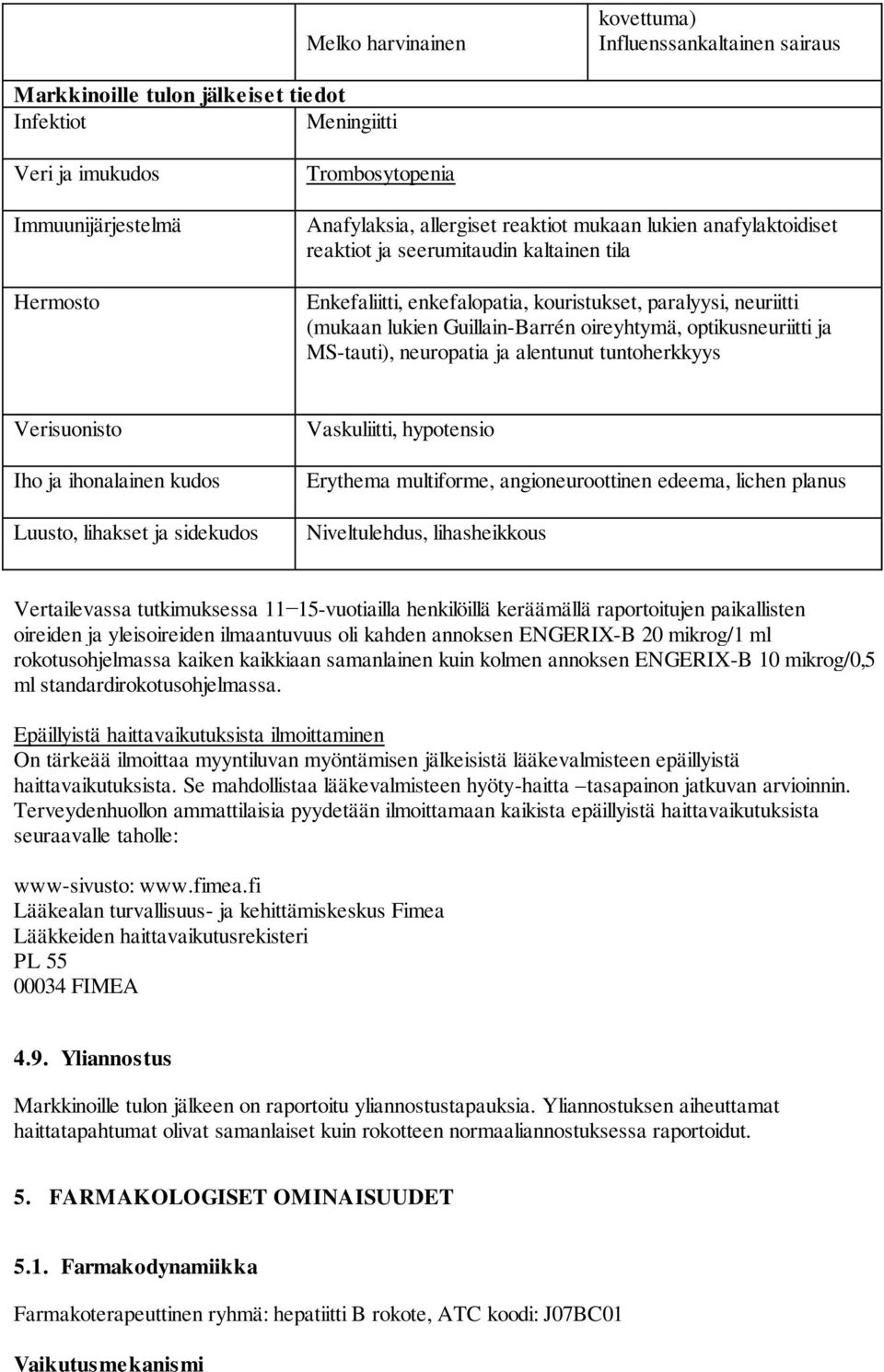 optikusneuriitti ja MS-tauti), neuropatia ja alentunut tuntoherkkyys Verisuonisto Iho ja ihonalainen kudos Luusto, lihakset ja sidekudos Vaskuliitti, hypotensio Erythema multiforme, angioneuroottinen