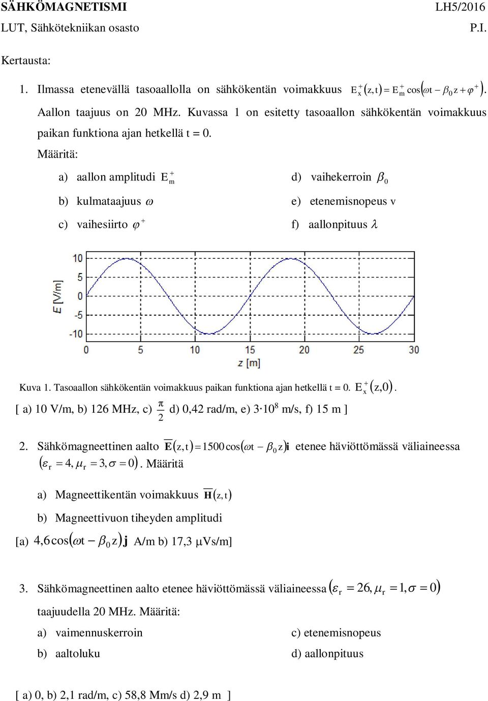 Määitä: a) aallon aplitudi E d) vaihekeoin b) kulataajuus e) eteneisnopeus v c) vaihesiito f) aallonpituus Kuva 1. Tasoaallon sähkökentän voiakkuus paikan funktiona ajan hetkellä t =. E x z,.