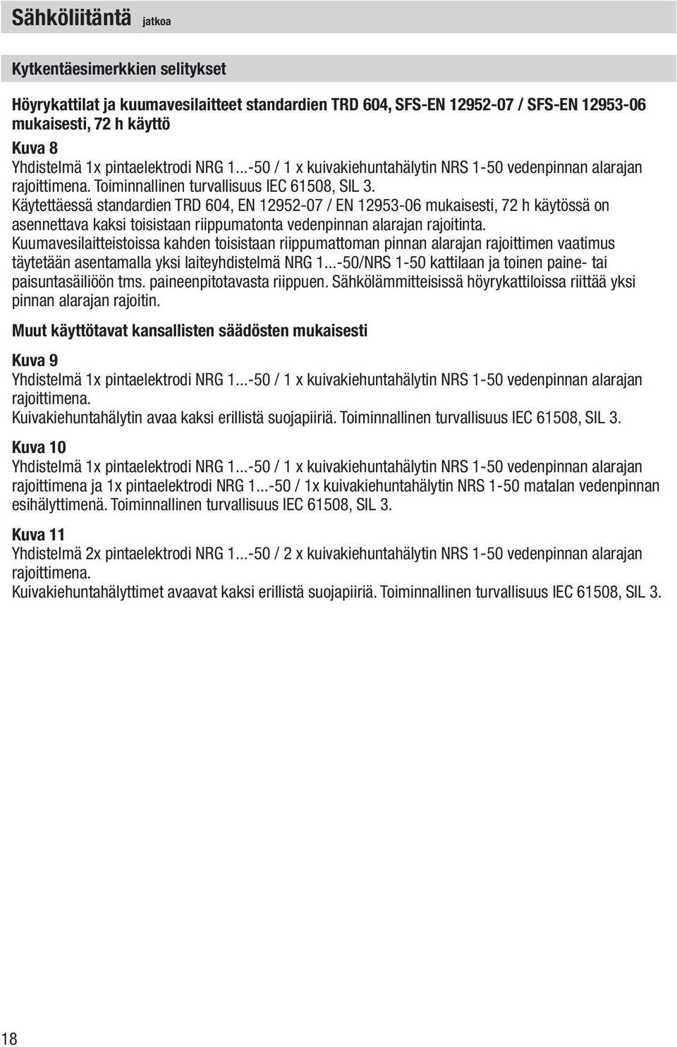 Käytettäessä standardien TRD 604, EN 12952-07 / EN 12953-06 mukaisesti, 72 h käytössä on asennettava kaksi toisistaan riippumatonta vedenpinnan alarajan rajoitinta.