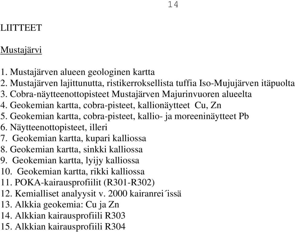 Geokemian kartta, cobra-pisteet, kallio- ja moreeninäytteet Pb 6. Näytteenottopisteet, illeri 7. Geokemian kartta, kupari kalliossa 8. Geokemian kartta, sinkki kalliossa 9.