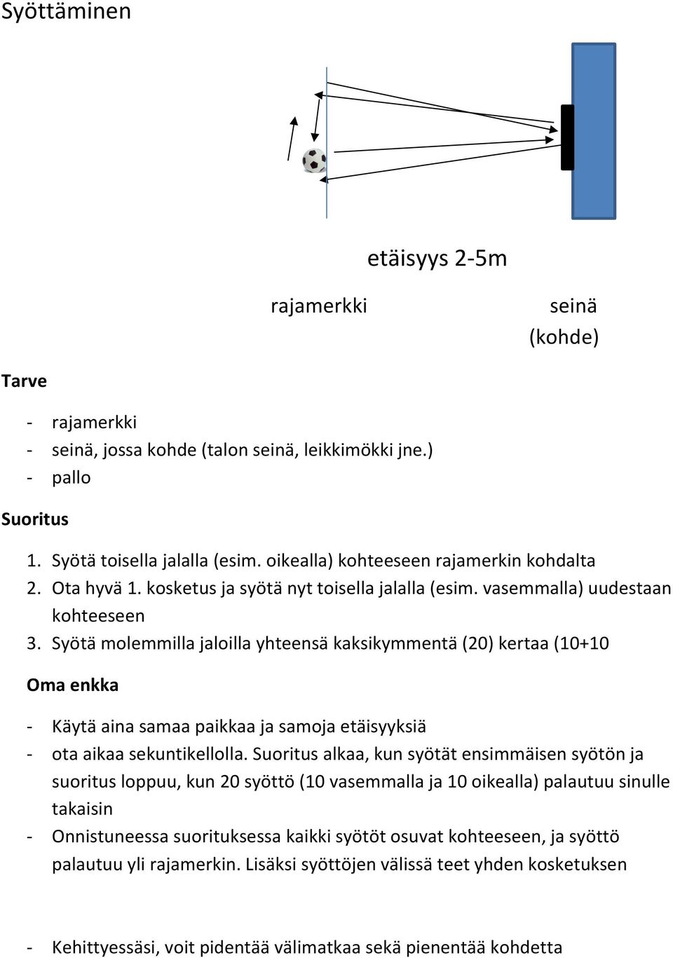 Syötä molemmilla jaloilla yhteensä kaksikymmentä (20) kertaa (10+10 Oma enkka - Käytä aina samaa paikkaa ja samoja etäisyyksiä - ota aikaa sekuntikellolla.