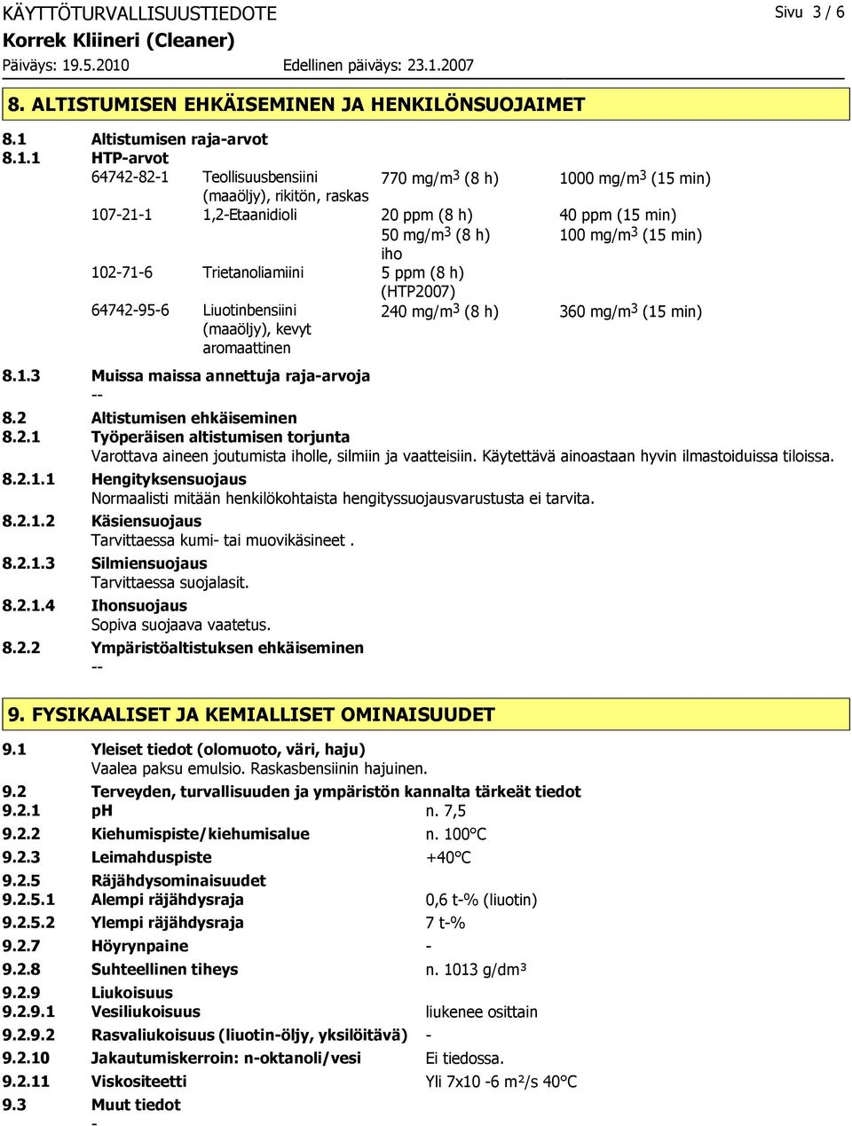 1 HTParvot 64742821 Teollisuusbensiini 770 mg/m 3 (8 h) 1000 mg/m 3 (15 min) (maaöljy), rikitön, raskas 107211 1,2Etaanidioli 20 ppm (8 h) 40 ppm (15 min) 50 mg/m 3 (8 h) 100 mg/m 3 (15 min) iho