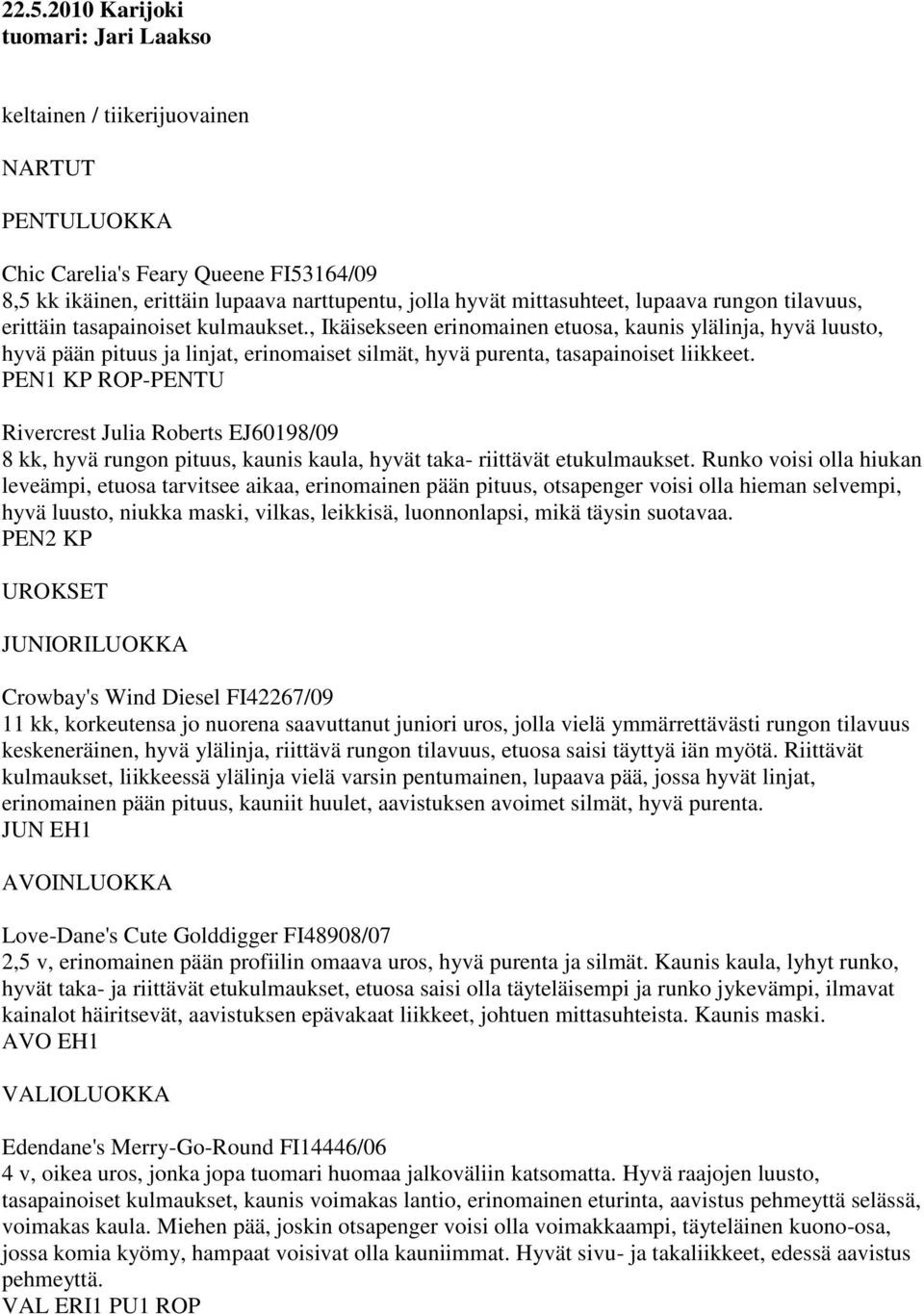 PEN1 KP ROP-PENTU Rivercrest Julia Roberts EJ60198/09 8 kk, hyvä rungon pituus, kaunis kaula, hyvät taka- riittävät etukulmaukset.