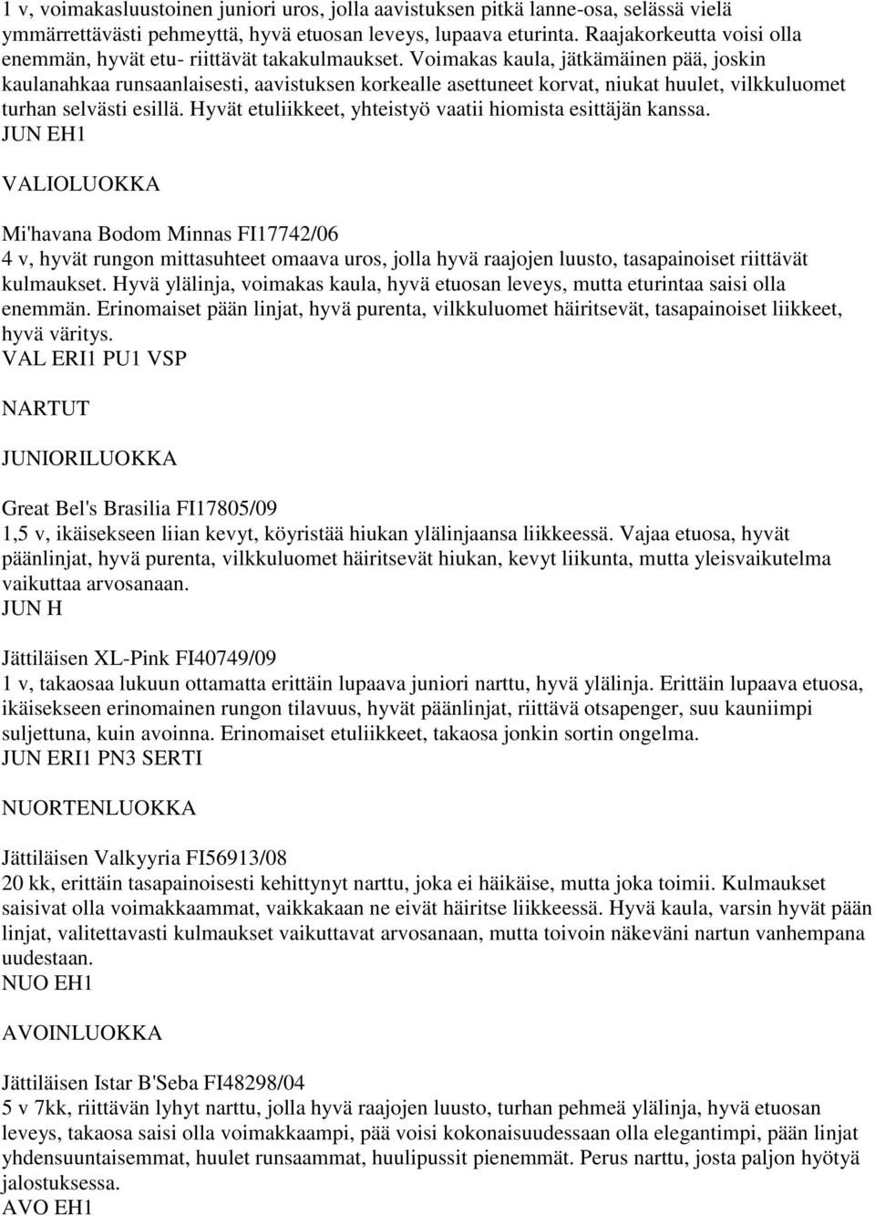 Voimakas kaula, jätkämäinen pää, joskin kaulanahkaa runsaanlaisesti, aavistuksen korkealle asettuneet korvat, niukat huulet, vilkkuluomet turhan selvästi esillä.