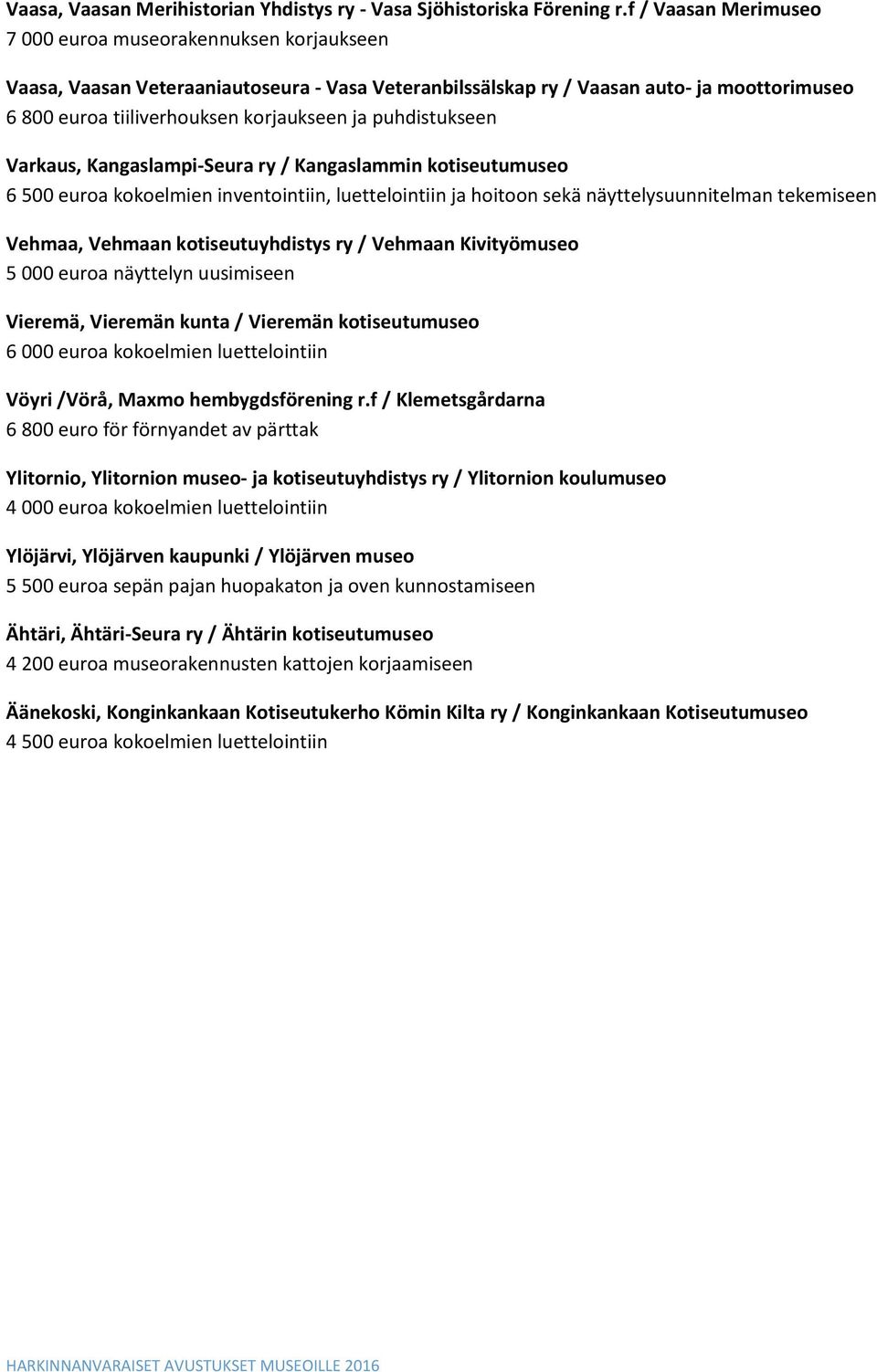 puhdistukseen Varkaus, Kangaslampi-Seura ry / Kangaslammin kotiseutumuseo 6 500 euroa kokoelmien inventointiin, luettelointiin ja hoitoon sekä näyttelysuunnitelman tekemiseen Vehmaa, Vehmaan