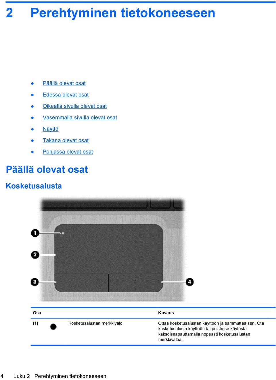 (1) Kosketusalustan merkkivalo Ottaa kosketusalustan käyttöön ja sammuttaa sen.