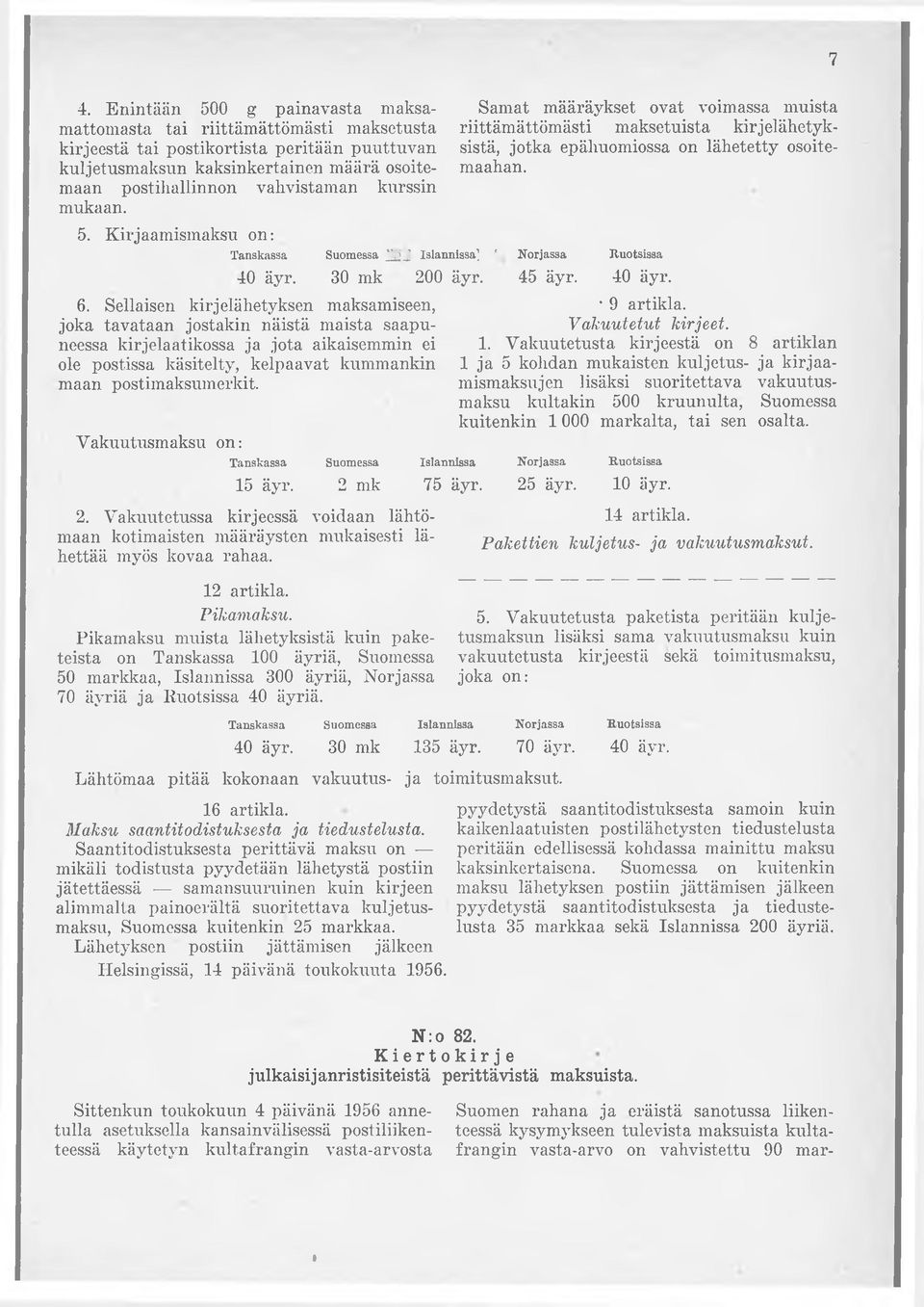 Kirjaamismaksu on: Tanskassa Suomessa 230 Islannissa] F. Norjassa Ruotsissa 40 äyr. 30 200 äyr. 45 äyr. 40 äyr. 6.