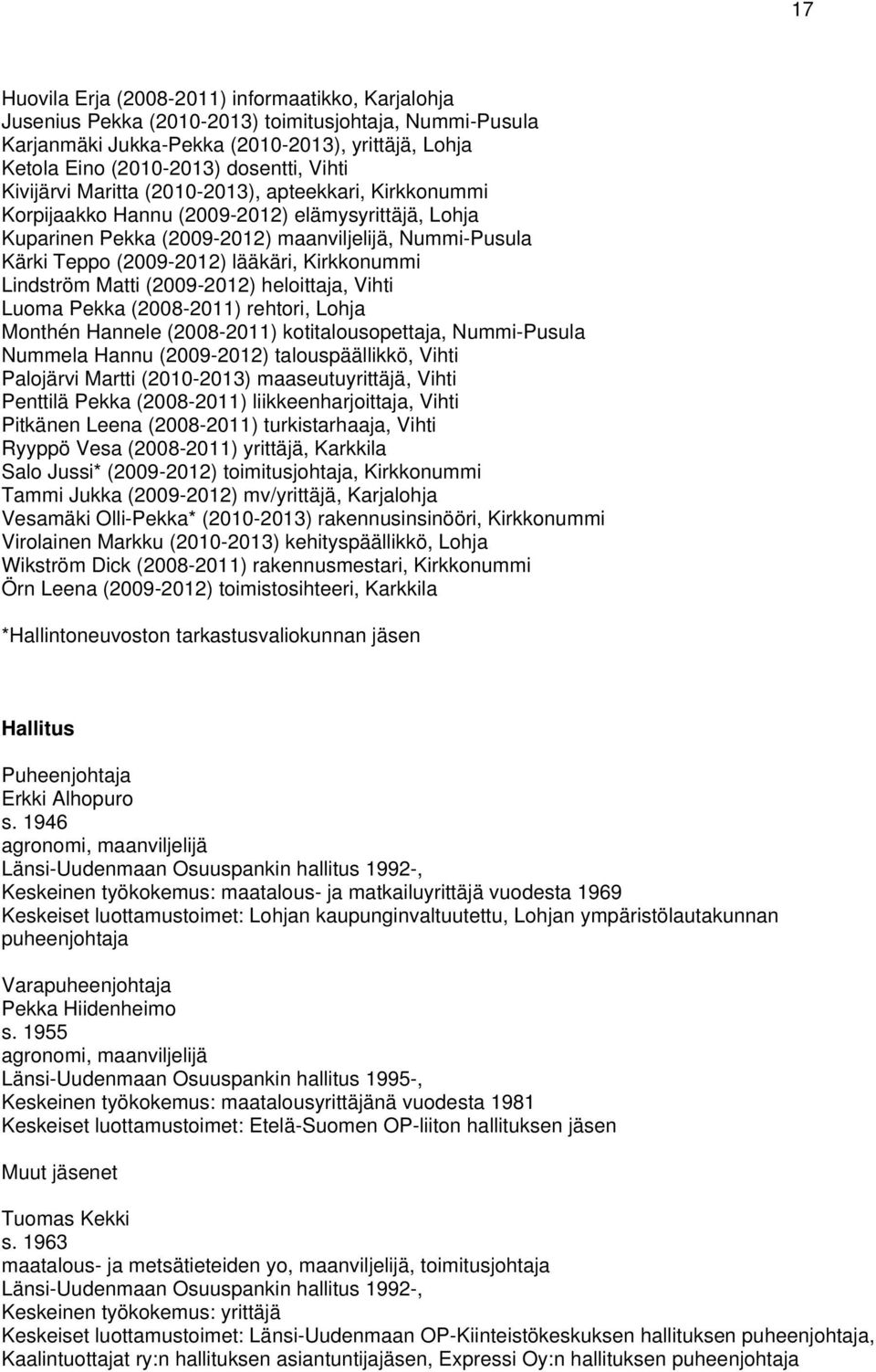 lääkäri, Kirkkonummi Lindström Matti (2009-2012) heloittaja, Vihti Luoma Pekka (2008-2011) rehtori, Lohja Monthén Hannele (2008-2011) kotitalousopettaja, Nummi-Pusula Nummela Hannu (2009-2012)