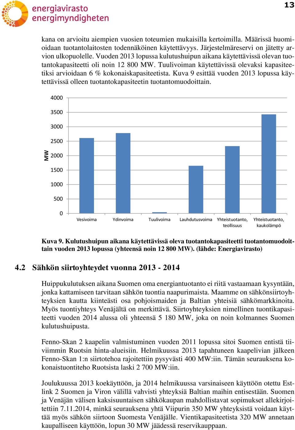 Tuulivoiman käytettävissä olevaksi kapasiteetiksi arvioidaan 6 % kokonaiskapasiteetista. Kuva 9 esittää vuoden 2013 lopussa käytettävissä olleen tuotantokapasiteetin tuotantomuodoittain.