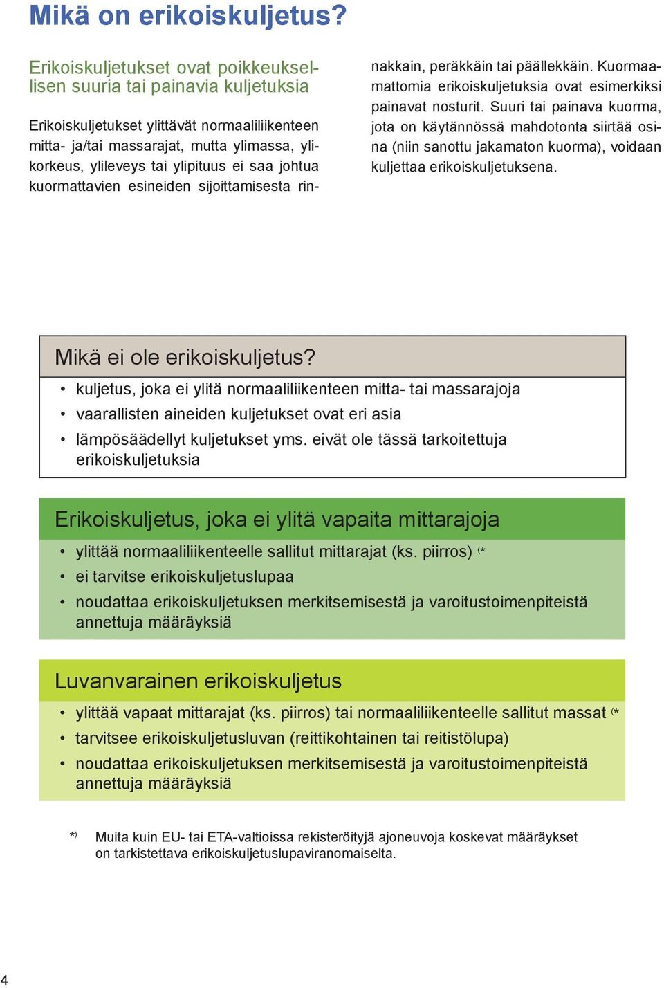 ei saa johtua kuormattavien esineiden sijoittamisesta rinnakkain, peräkkäin tai päällekkäin. Kuormaamattomia erikoiskuljetuksia ovat esimerkiksi painavat nosturit.