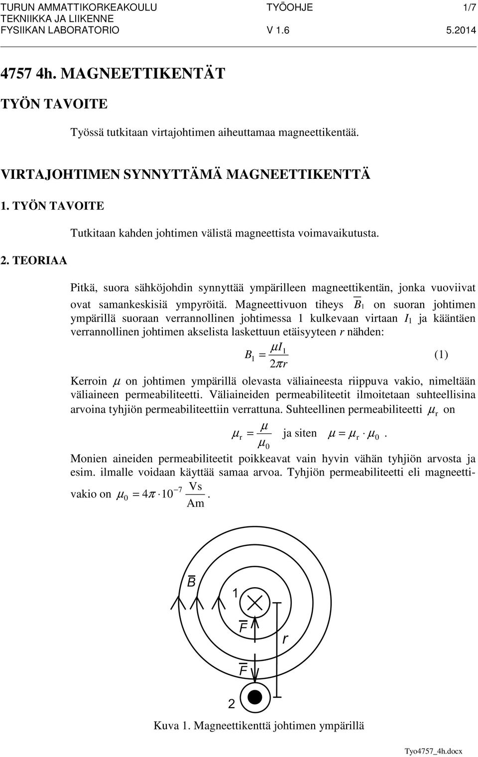 Pitkä, suoa sähköjohdin synnyttää ympäilleen magneettikentän, jonka vuoviivat ovat samankeskisiä ympyöitä.