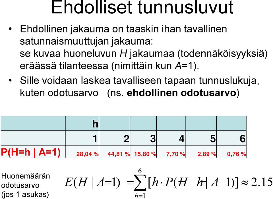 Sille voidaan laskea tavalliseen tapaan tunnuslukuja, kuten odotusarvo (ns.