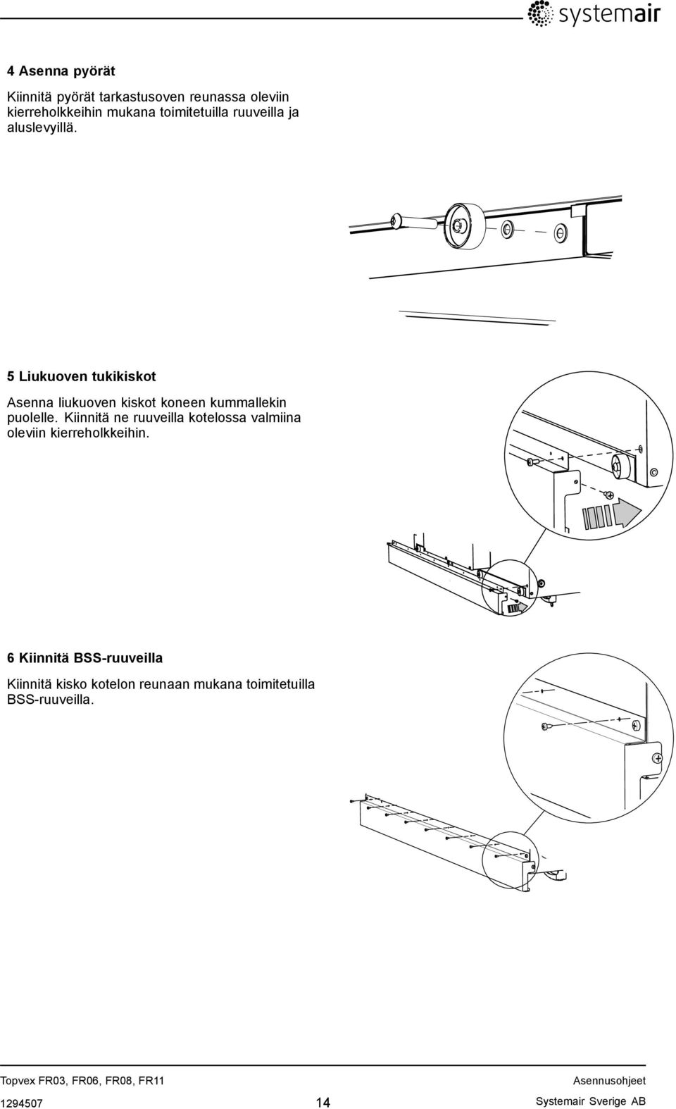 5 Liukuoven tukikiskot Asenna liukuoven kiskot koneen kummallekin puolelle.