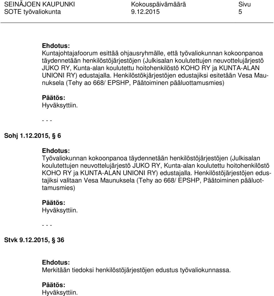 2015, 6 Työvaliokunnan kokoonpanoa täydennetään henkilöstöjärjestöjen (Julkisalan koulutettujen neuvottelujärjestö JUKO RY, Kunta-alan koulutettu hoitohenkilöstö KOHO RY ja KUNTA-ALAN UNIONI