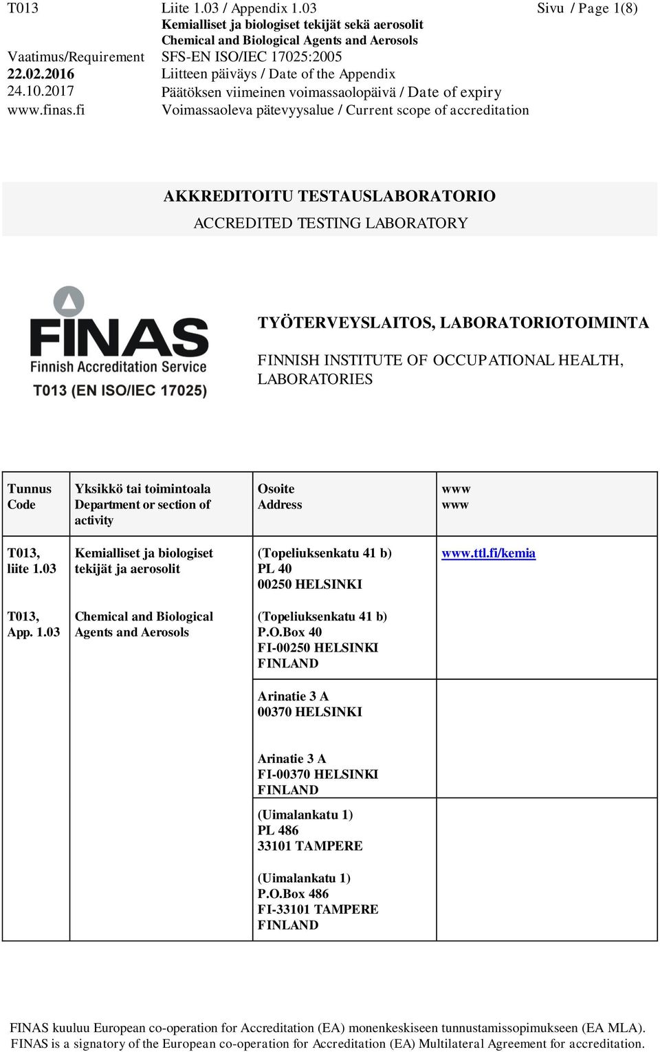 LABORATORIES Tunnus Code Yksikkö tai toimintoala Department or section of activity Osoite Address www www T013, liite 1.