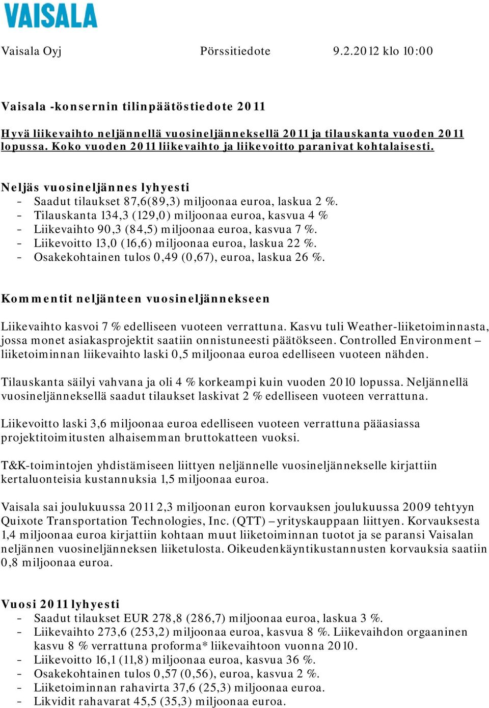 - Tilauskanta 134,3 (129,0) miljoonaa euroa, kasvua 4 % - Liikevaihto 90,3 (84,5) miljoonaa euroa, kasvua 7 %. - Liikevoitto 13,0 (16,6) miljoonaa euroa, laskua 22 %.