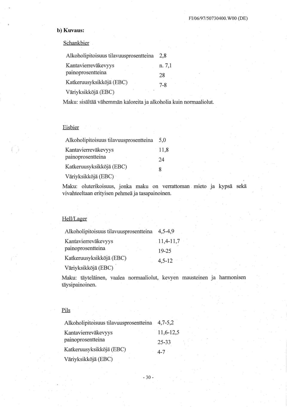 Eisbier Alkoholipitoisuus tilavuusprosentteina 5,0 Kantavierreväkevyys 11,8 Maku: oluterikoisuus, jonka maku on verrattoman mieto ja kypsä sekä vivahteeltaan erityisen