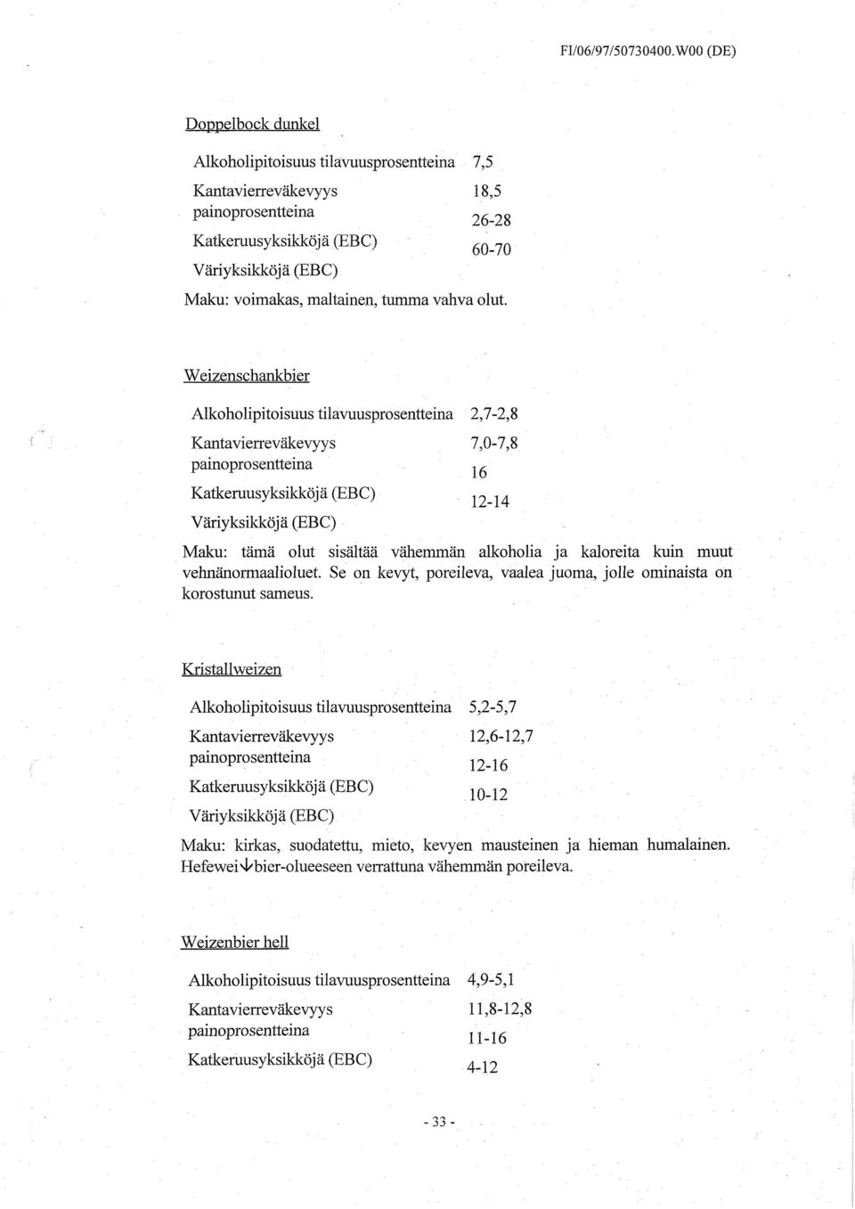 Se on kevyt, poreileva, vaalea juoma, jolle ominaista on korostunut sameus. Kristallweizen Alkoholipitoisuus tilavuusprosentteina 5,2-5,7 Kantavierreväkevyys 12,6-12,7 1? ifi in 1?