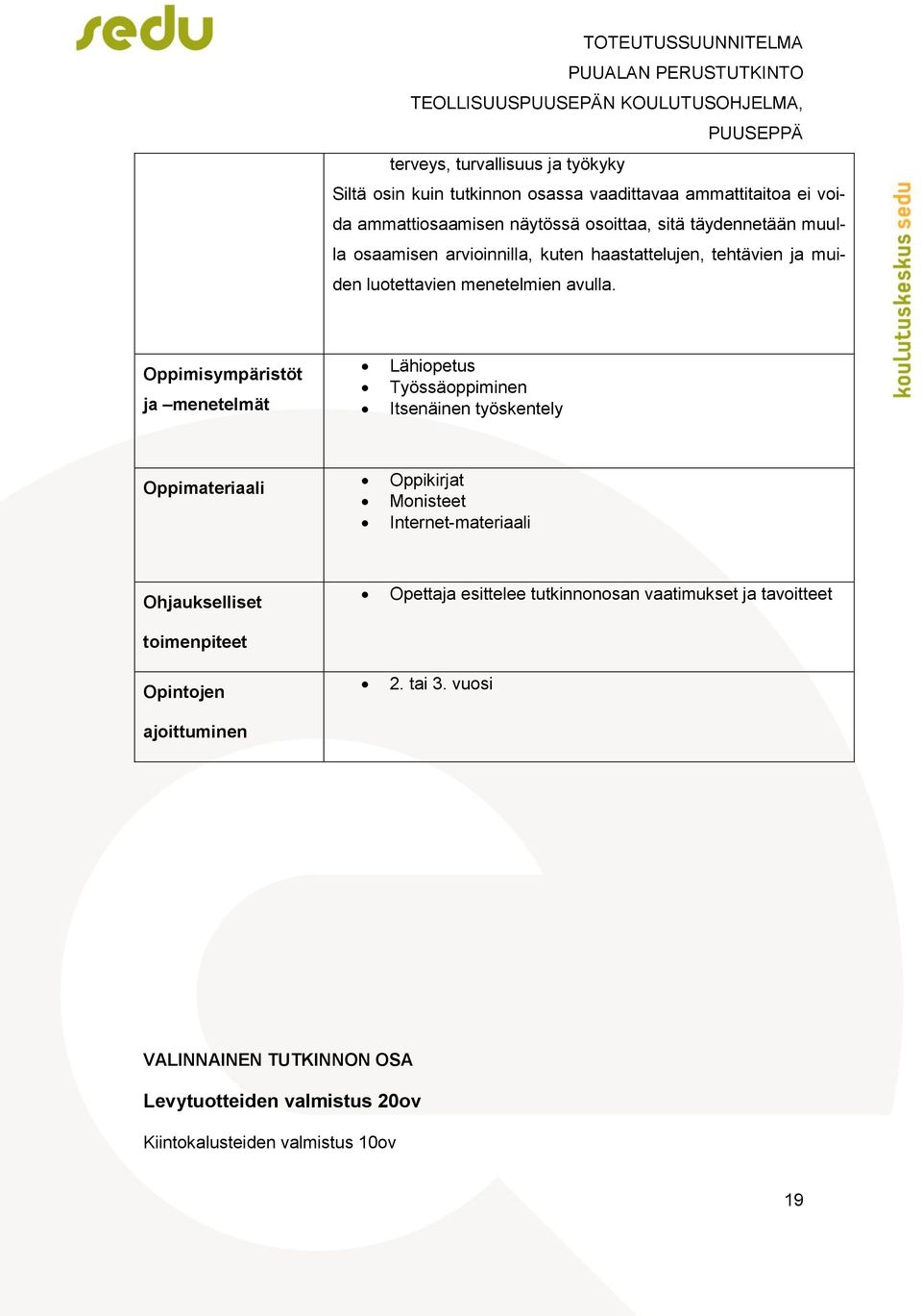 ja menetelmät Lähiopetus Työssäoppiminen Itsenäinen työskentely Oppimateriaali Oppikirjat Monisteet Internet-materiaali Ohjaukselliset toimenpiteet