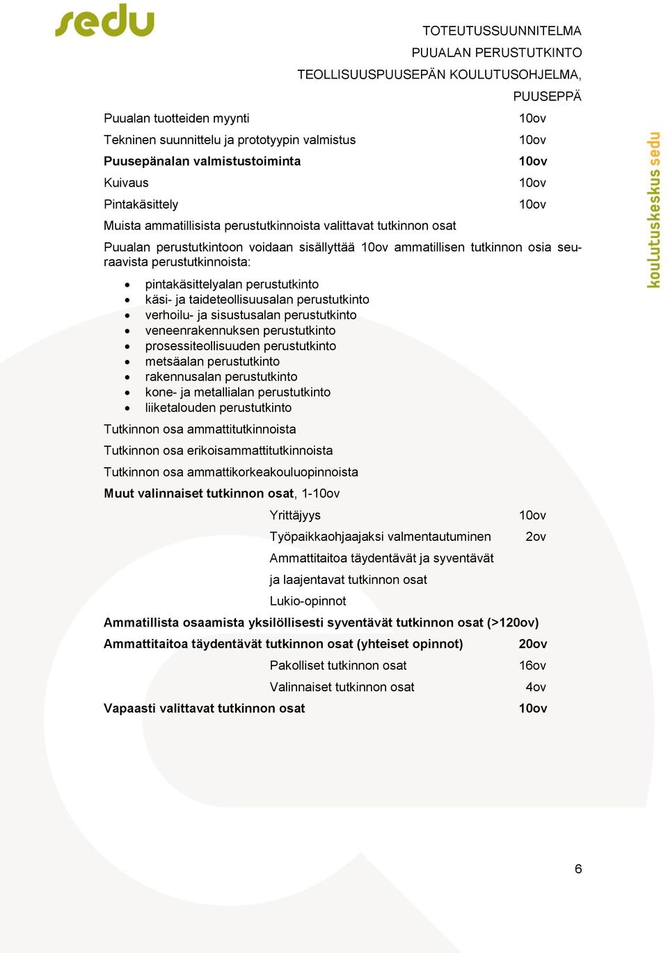 verhoilu- ja sisustusalan perustutkinto veneenrakennuksen perustutkinto prosessiteollisuuden perustutkinto metsäalan perustutkinto rakennusalan perustutkinto kone- ja metallialan perustutkinto